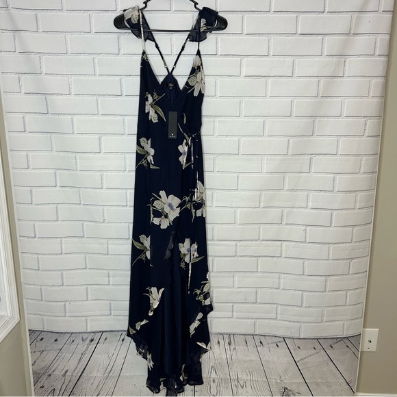 Lulu’s All Mine Navy Blue Floral Print High-Low Wrap Dress size Extra Small - Picture 3 of 7